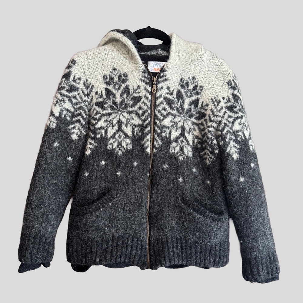 Freyja Zippered Icelandic Wool Cardigan with Hood Fleece Lined Nordic Size M